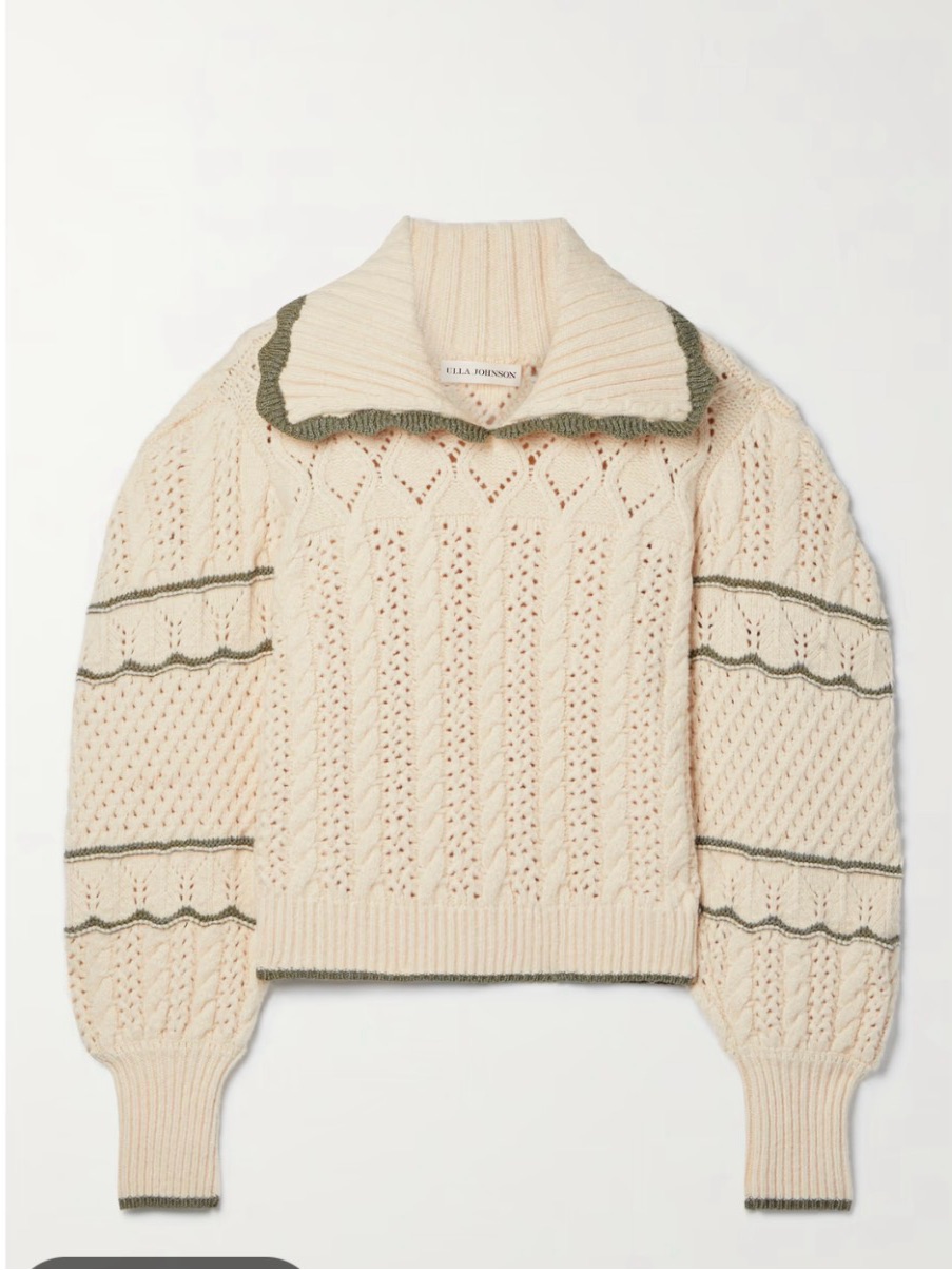 Ulla Johnson Cream Cable-Pointelle Turtleneck Sweater With Olive Trim